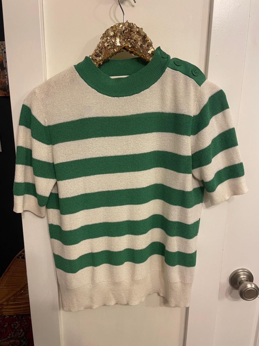 Green and Cream Striped Short Sleeve Sweater Uniqlo L
